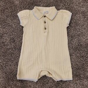 Janie and Jack Cream Yellow Cable Knit Polo Romper 12-18 Months Blue Trim Cotton
